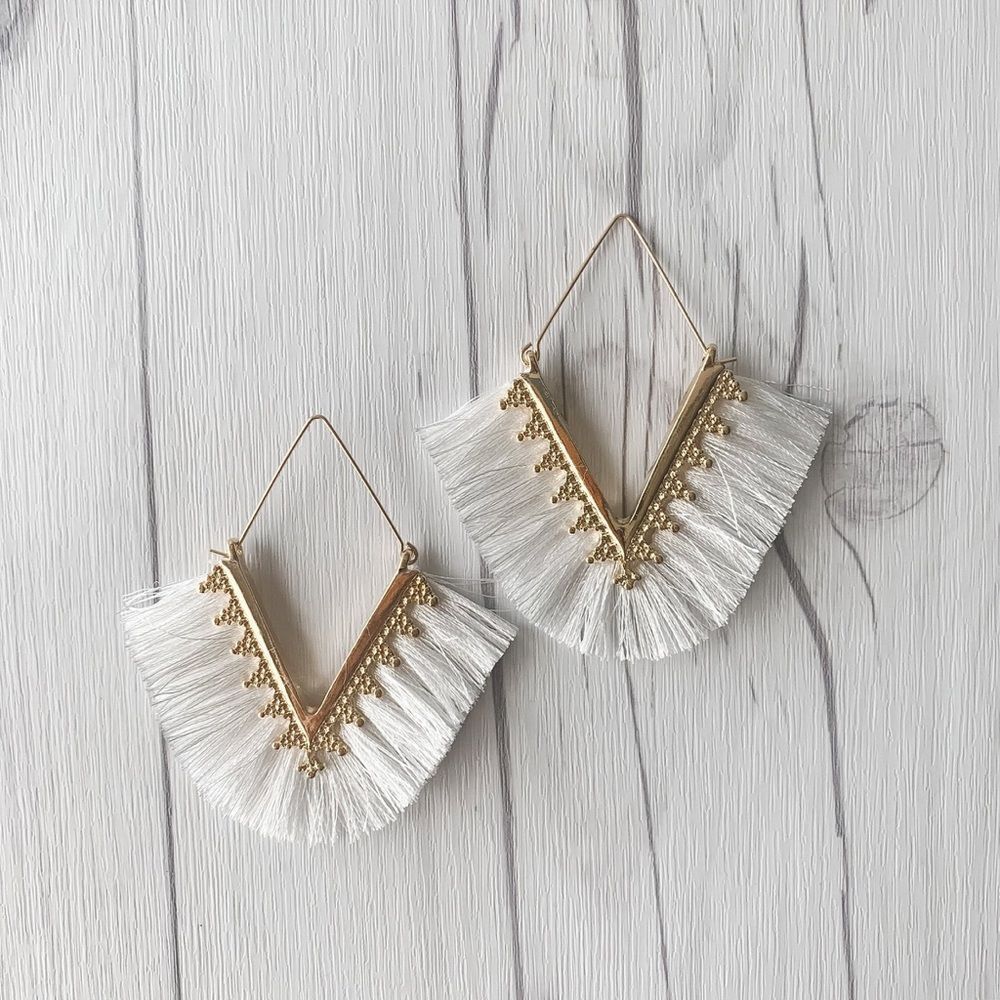 Boho Style Gold and White Fringe Dangle Earrings